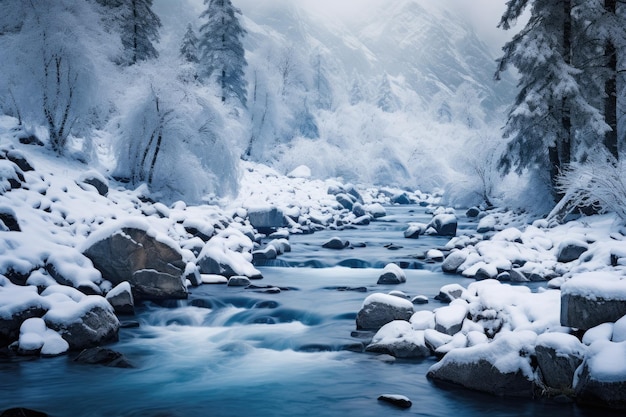 Het wintertafereel van de bergrivier onthult een sereen landschap, waarbij het water zachtjes over een rotsbodem kronkelt, allemaal bedekt door een laag sneeuw.