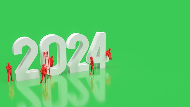 Het witte nummer van 2024 en de rode zakenman op groene achtergrond 3D-rendering