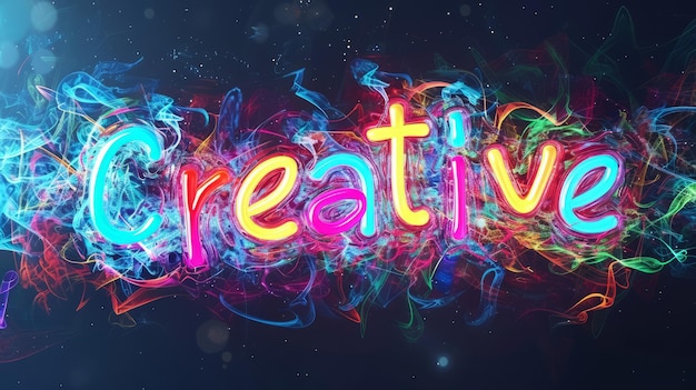 Foto het woord creatief gecreëerd in neon calligraphy