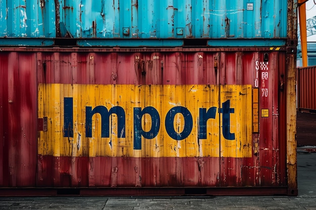 Het woord import aan de zijkant van een wereldwijd containerbedrijf en handelsconcept