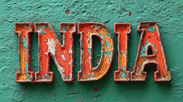 Foto het woord india geschreven in roestige metalen letters op een groene achtergrond