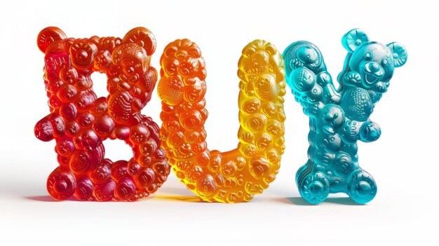 Foto het woord koop gecreëerd in gummy bear typography