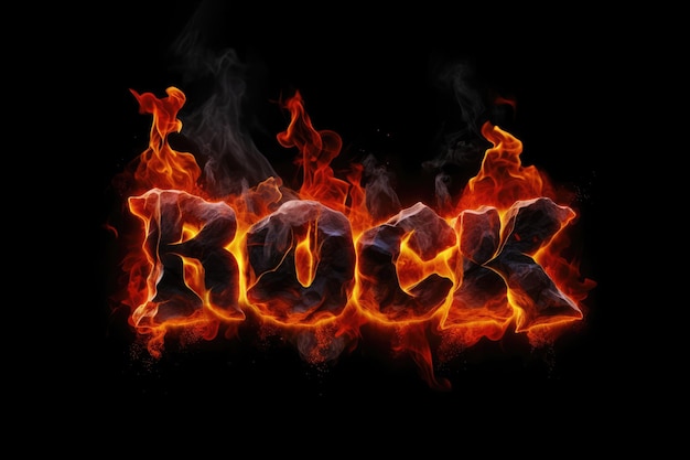 Foto het woord rock bestaat uit brandende letters geïsoleerd op een zwarte achtergrond