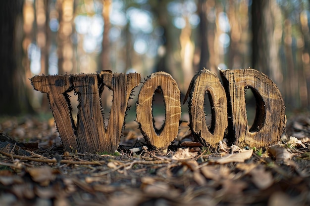 Foto het woord wood is geslepen van een boomstam op een bos achtergrond