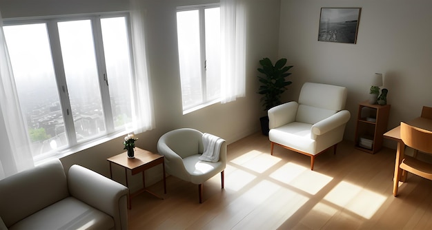 Het zien van een prachtig uitzicht buiten van de zonnestralen doordrong het raam een minimalistische grote kamer fauteuil