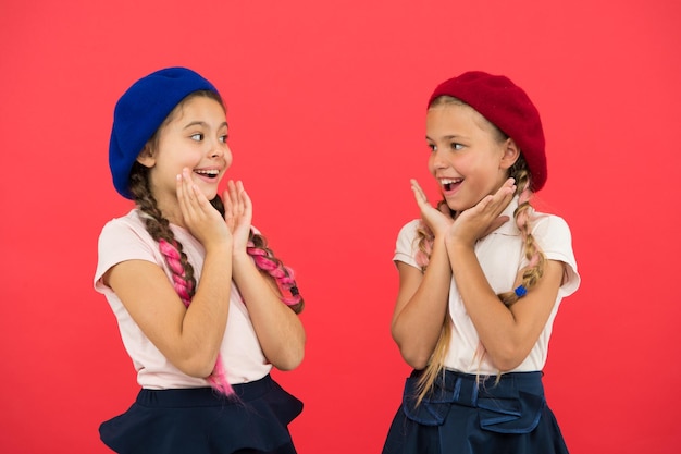 Het zijn echt schattige meisjes in Franse stijl Meisjes met hetzelfde kapsel Kleine kinderen met lange vlechten Modemeisjes met vastgebonden haar in vlechten Kleine kinderen die stijlvolle Franse baretten dragen