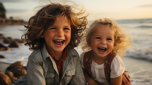 het zijn twee kleine meisjes die op het strand zitten en generatieve AI glimlachen