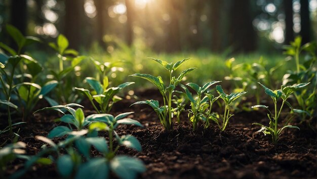 Het zonlicht danst op ingewikkelde texturen van groene bladeren die de essentie van natuurlijke koolstof bevatten.