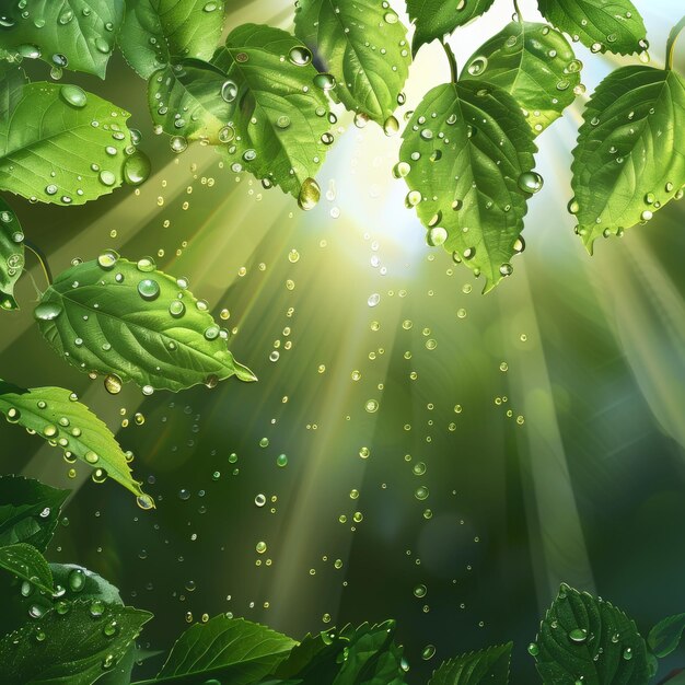 Het zonlicht filtert door groene bladeren bezaaid met waterdruppels die lichtstralen werpen in een rustig boslandschap