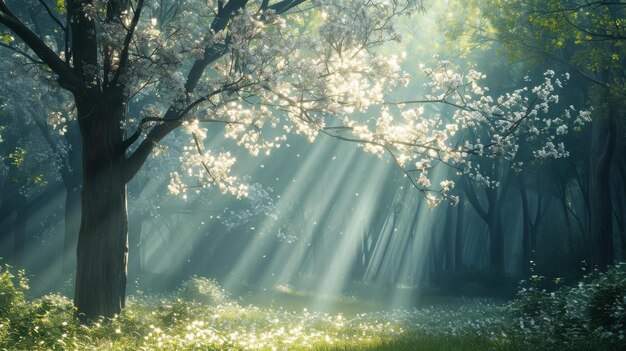 Het zonlicht filtert door het dichte boomdek in een bosbron