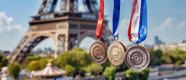 Het zonlicht valt op een reeks medailles tegen de skyline van Parijs met de majestueuze Eiffeltoren op de achtergrond