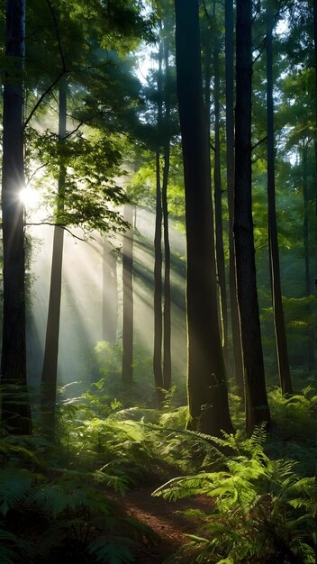 Het zonlicht van het betoverde bos filtert door de dichte boomkap