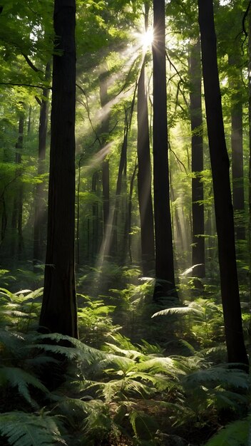 Het zonlicht van het betoverde bos filtert door de dichte boomkap