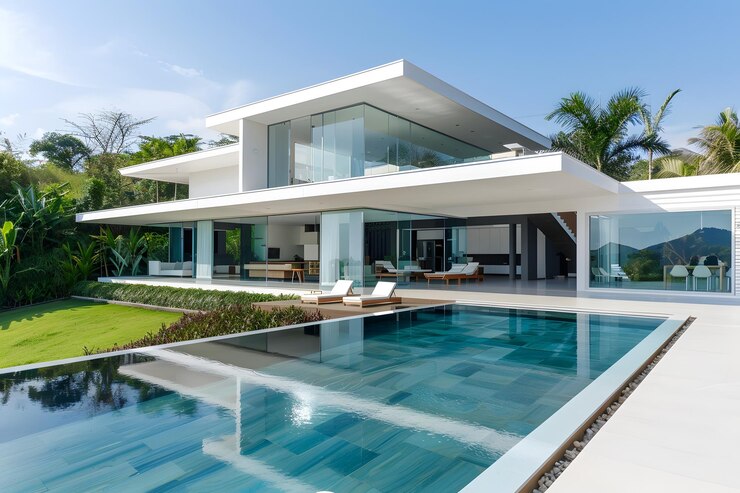 het zwembad en het huis zijn ontworpen door architect