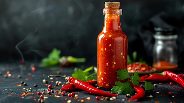 hete chili peper en specerijen met een glas rode chili saus op een zwarte achtergrond