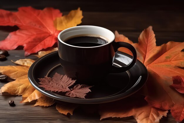 Hete dampende kop koffie op de achtergrond van herfstbladeren AI