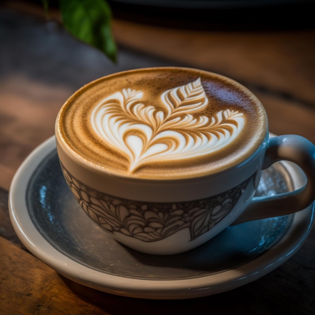Hete Koffie Cappuccino Cup Met Latte Art Op Houten Tafel In Cafe