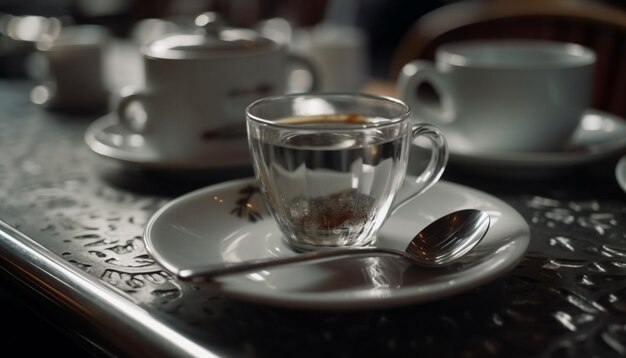 Hete koffie in elegante schotel op houten tafel geen mensen gegenereerd door kunstmatige intelligentie