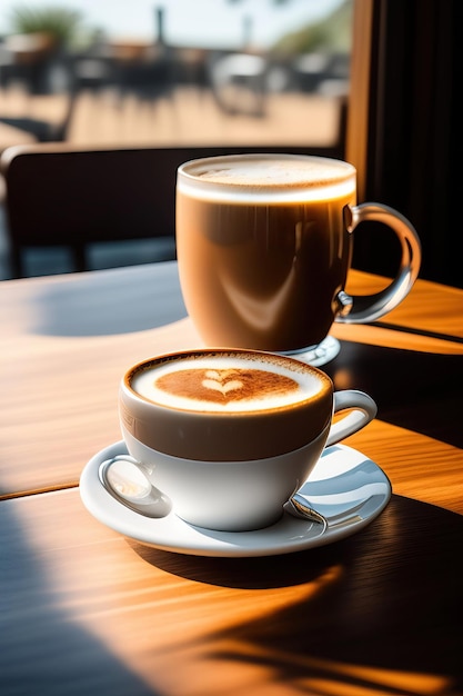 Hete koffie latte cup met schattige mopshond latte art melkschuim op lichte houten tafel met ochtendzon