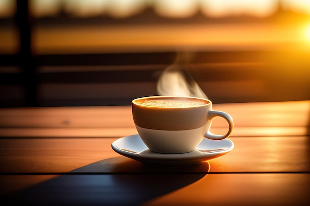 Hete koffie latte cup op houten tafel achtergrond met warme ochtendzon ondiepe scherptediepte