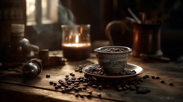 Hete koffiekop en koffiebonen roosteren op de houten tafel en de achtergrond van de coffeeshop