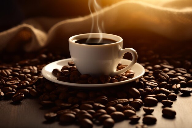 Hete koffiekopje en koffiebonen op tafel Generatieve ai-illustratie van warme koffie in witte kop