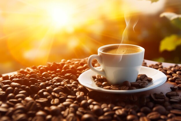Hete koffiekopje en koffiebonen op tafel Generatieve ai-illustratie van warme koffie in witte kop