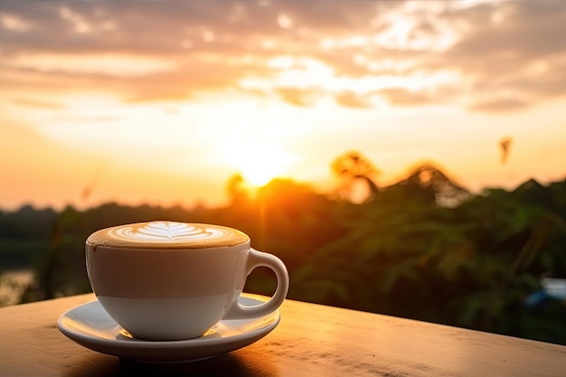 Hete latte art koffie op houten tafel relaxtijd Gemaakt door AI Kunstmatige intelligentie