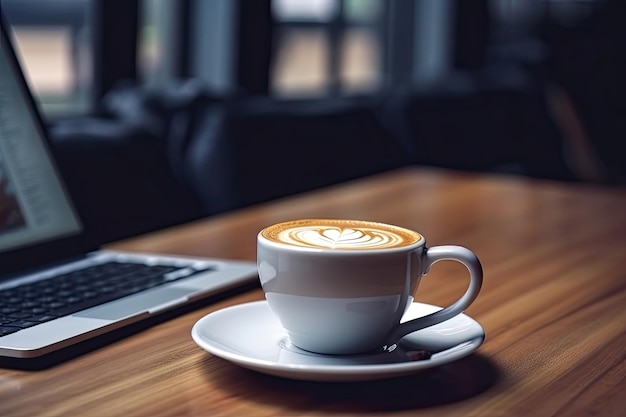 Hete latte art koffie op houten tafel relaxtijd Gemaakt door AI Kunstmatige intelligentie