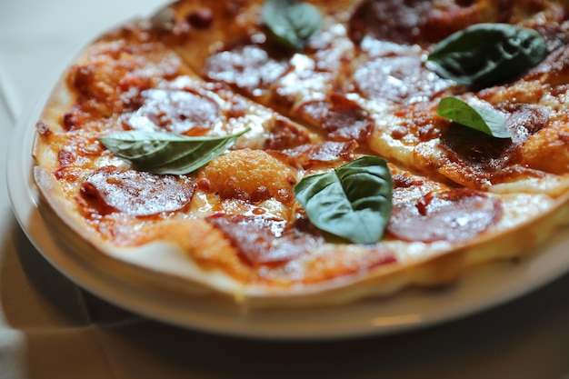 Foto hete pepperoni pizza in schotel, italiaans eten