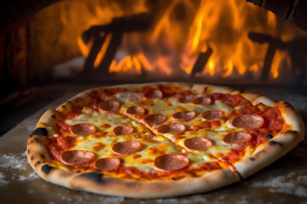 Hete pizza met pepperoni op een houten tafel bij de oven Gegenereerd door AI