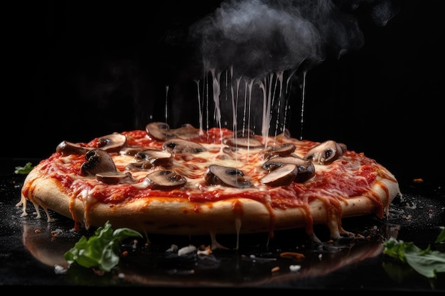 Hete pizza op een zwarte achtergrond, smakelijk en onweerstaanbaar generatief IA