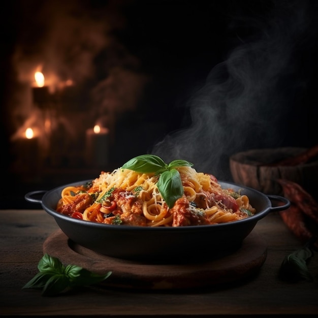 Hete spaghetti met amatriciana saus kaas vlees basilicum in de zwarte schaal op de houten tafel