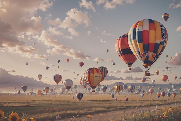 Heteluchtballon met vol bloemen en vlinders rond de oranje hemel op de achtergrond gelukkige verjaardag