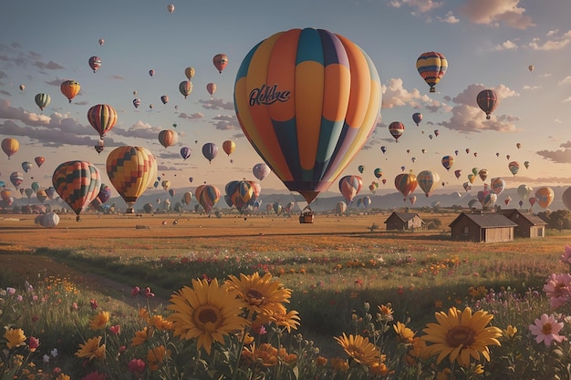 Heteluchtballon met vol bloemen en vlinders rond de oranje hemel op de achtergrond gelukkige verjaardagsmandballonnen