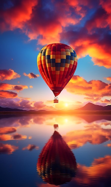 Heteluchtballon vliegt hoog in de lucht bij zonsondergang