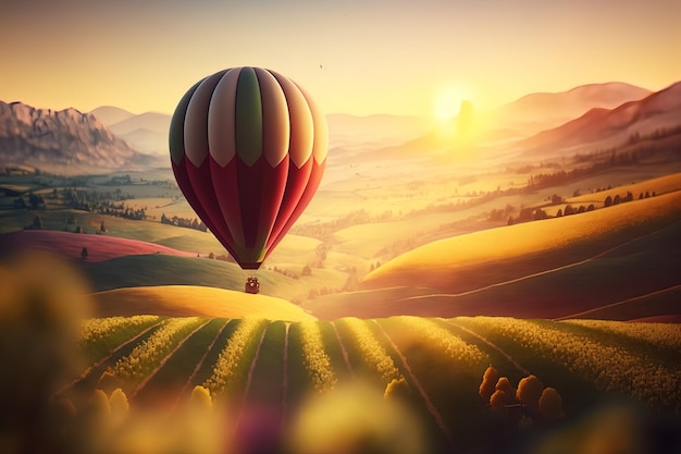 Heteluchtballon vliegt over een landschap met bergen op de achtergrond
