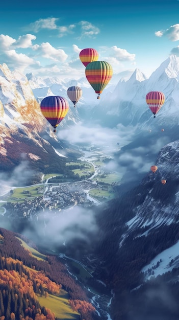 Heteluchtballonnen boven een prachtig landschap door Generative AI