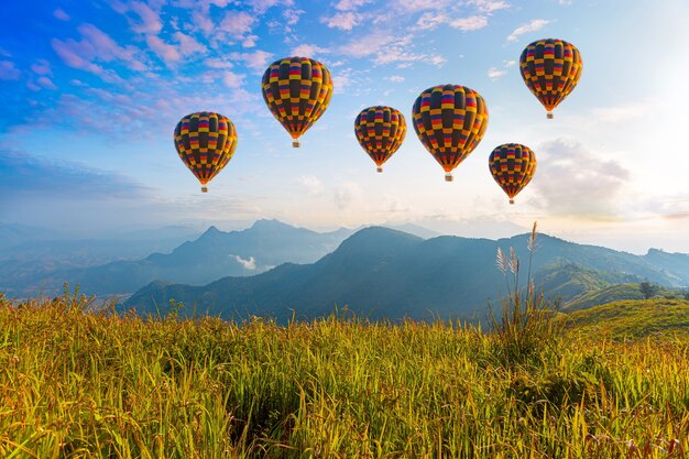 Heteluchtballonnen en bergen en prachtige luchtKleurrijke heteluchtballonnen die over de berg vliegen