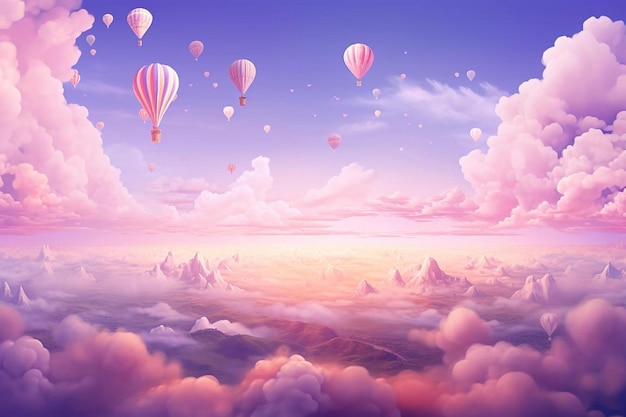 heteluchtballonnen in de lucht met de zon en bergen.