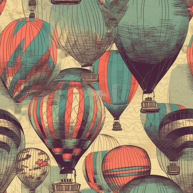 Heteluchtballonnen met naadloos patroon in vintage-stijl gemaakt met generatieve AI