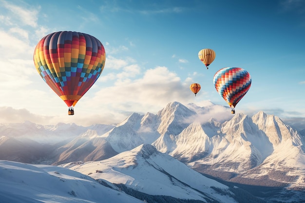 Heteluchtballonnen vliegen over besneeuwde bergen