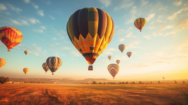 Heteluchtballonnen vliegen over de woestijn bij zonsopgang generatieve ai