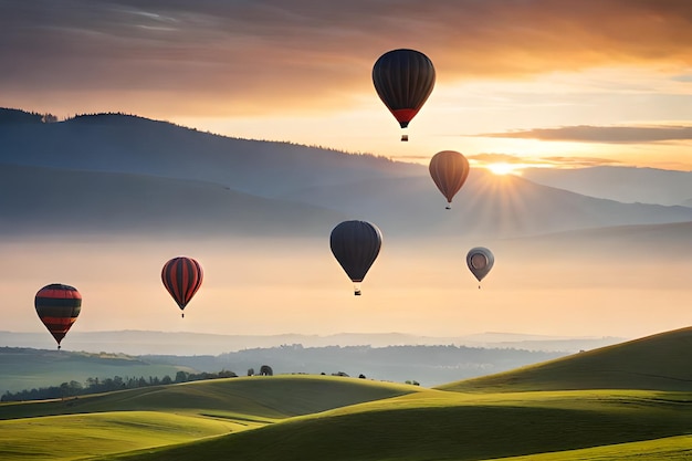 Heteluchtballonnen vliegen over een landschap met bergen op de achtergrond