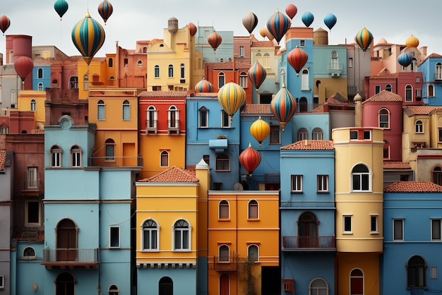 heteluchtballonnen vliegen weg van een balkon in de stijl van illusoire afbeeldingen kleurrijke stadsgezichten
