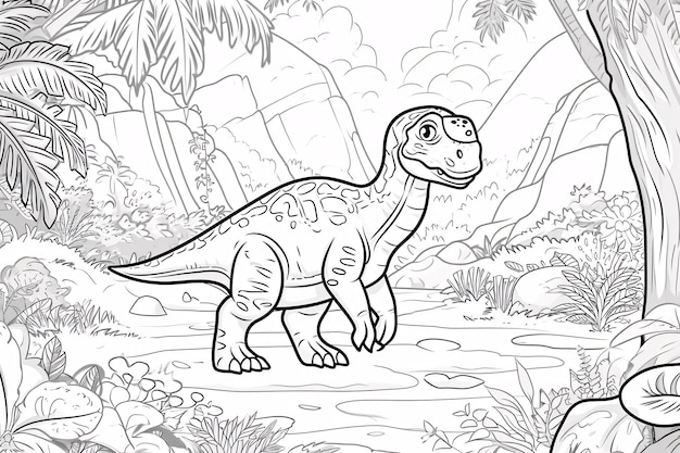 Heterodontosaurus Dinosaur Black White Linear Doodles Line Art Coloring Page Kids Coloring Book