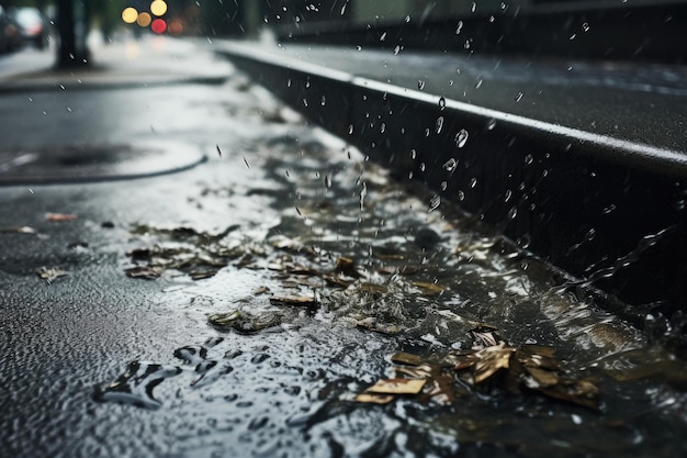 Hevige regen op de stoep van een beschadigde goot tijdens een zware stortbui op een gecondenseerde regenachtige dag