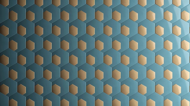 작은 금색 육각형이 있는 육각형 파란색 타일(3D 렌더링)