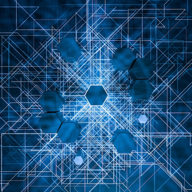 3Dレンダリングで輝く線に囲まれた暗い背景の六角形の立方体