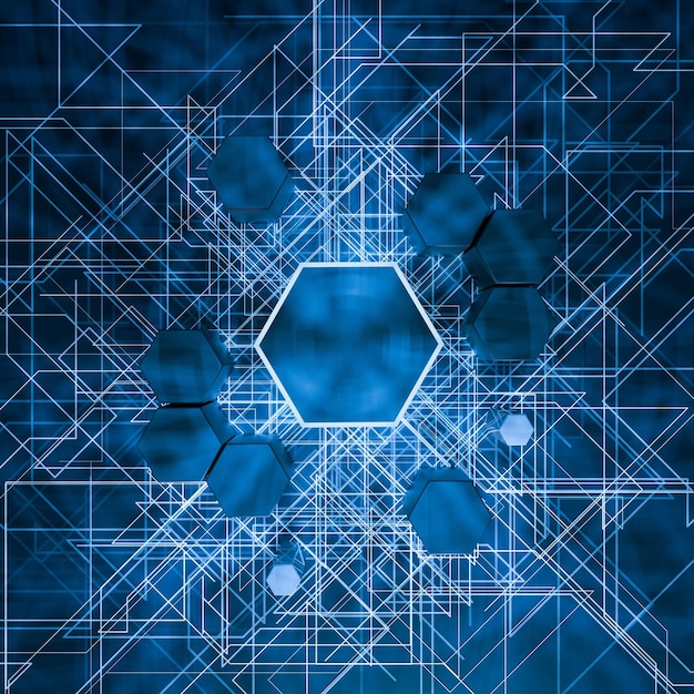 3Dレンダリングで輝く線に囲まれた暗い背景の六角形の立方体